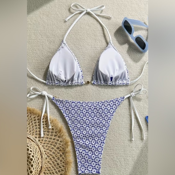 White Crochet Blue Underlay Pearl Accents Side Tie Bikini Set - Picture 2 of 12